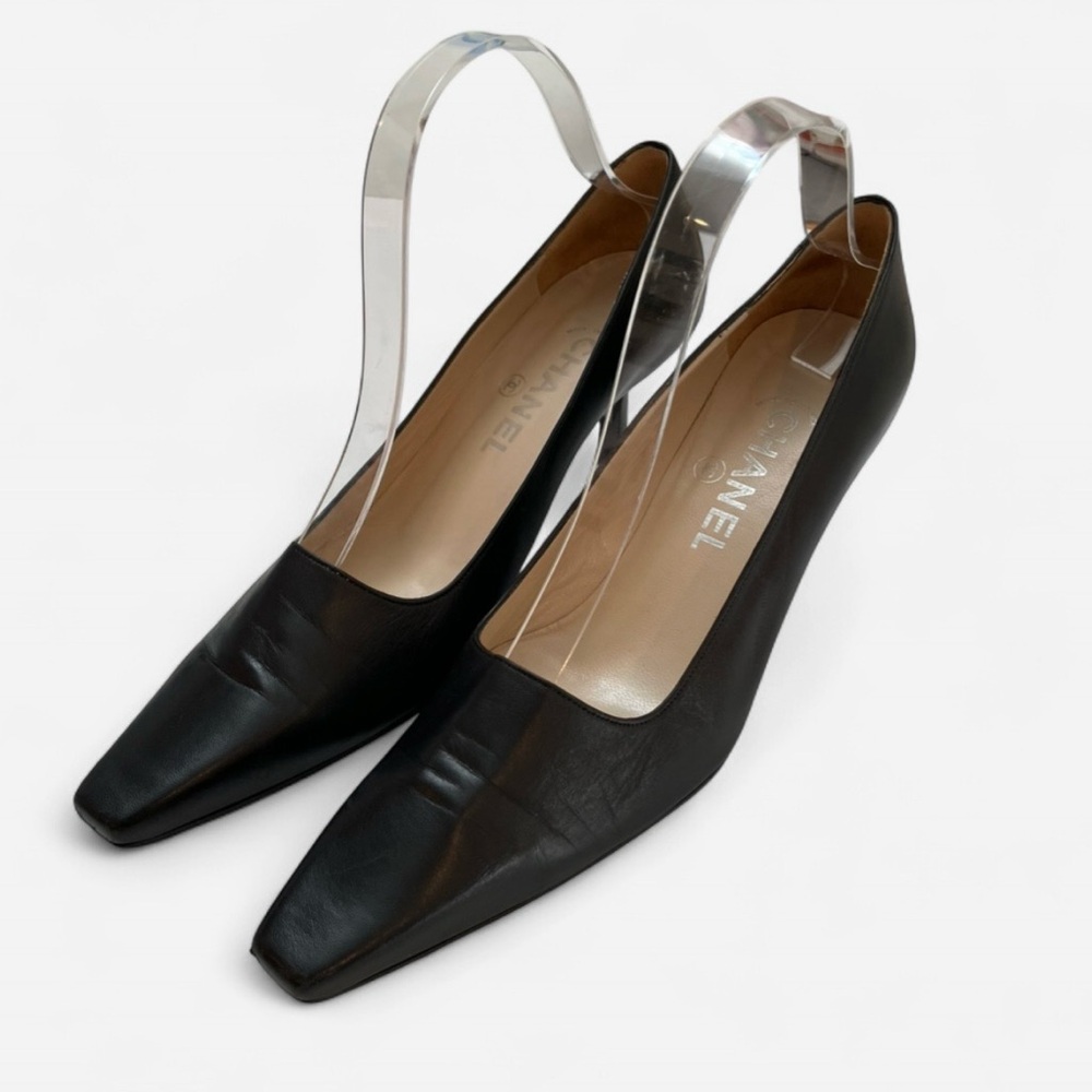 Chanel Black Leather Square Toe Kitten Heels Logo Vintage Size 7 - Picture 1 of 11